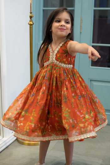 Shop_Janyas Closet_Orange Organza Gota Patti Floral Print Pleated Dress _at_Aza_Fashions
