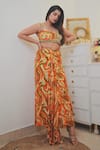 Buy_Ahi Clothing_Orange Heavy Crepe Printed Abstract Asymmetric Skirt Bustier Set _at_Aza_Fashions