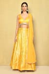 Buy_Samyukta Singhania_Yellow Banarasi Brocade Embroidered Floral V Neck Lace Blouse Lehenga Set _Online_at_Aza_Fashions