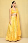 Samyukta Singhania_Yellow Banarasi Brocade Embroidered Floral V Neck Lace Blouse Lehenga Set _at_Aza_Fashions