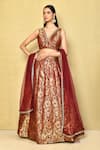 Buy_Samyukta Singhania_Wine Banarasi Brocade Embroidered Floral V Neck Pattern Blouse Lehenga Set _at_Aza_Fashions