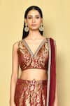 Shop_Samyukta Singhania_Wine Banarasi Brocade Embroidered Floral V Neck Pattern Blouse Lehenga Set _Online_at_Aza_Fashions