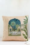 Buy_Mid July Home_Beige Premium Velvet Hand Embroidery Palace Jharokha Pattern Cushion Cover _at_Aza_Fashions