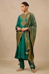 Buy_Tarun Tahiliani_Green Dupatta Brocade Embroidery Marori Notched Neck Kurta Trouser Set _at_Aza_Fashions