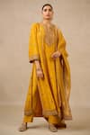 Buy_Tarun Tahiliani_Yellow Dupatta Brocade Embroidery Dori Notched Silk Dupion Kurta Trouser Set _at_Aza_Fashions