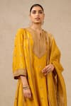 Tarun Tahiliani_Yellow Dupatta Brocade Embroidery Dori Notched Silk Dupion Kurta Trouser Set _Online_at_Aza_Fashions