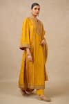 Shop_Tarun Tahiliani_Yellow Dupatta Brocade Embroidery Dori Notched Silk Dupion Kurta Trouser Set _Online_at_Aza_Fashions