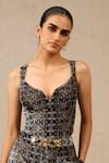 Buy_Tarun Tahiliani_Black Velvet Digital Printed Abstract Plunged Leaf Corset And Trouser Co-ord Set _Online_at_Aza_Fashions