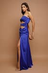 Buy_Ahi Clothing_Blue Royal Satin Plain Sweetheart Neck Knotted Draped High Slit Dress _Online_at_Aza_Fashions