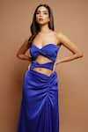 Shop_Ahi Clothing_Blue Royal Satin Plain Sweetheart Neck Knotted Draped High Slit Dress _Online_at_Aza_Fashions