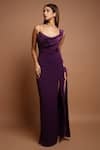 Ahi Clothing_Wine Imported Luxury Crepe Plain Cowl Neck Draped High Slit Dress _Online_at_Aza_Fashions