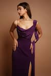 Buy_Ahi Clothing_Wine Imported Luxury Crepe Plain Cowl Neck Draped High Slit Dress _Online_at_Aza_Fashions