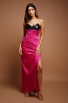 Buy_Ahi Clothing_Pink Leather Plain Sweetheart Neck Pleated Draped High Slit Dress _at_Aza_Fashions