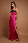 Ahi Clothing_Pink Leather Plain Sweetheart Neck Pleated Draped High Slit Dress _Online_at_Aza_Fashions