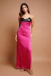 Ahi Clothing_Pink Leather Plain Sweetheart Neck Pleated Draped High Slit Dress _at_Aza_Fashions