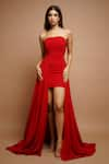 Ahi Clothing_Red Imported Luxury Crepe Plain Straight Corset Yoke Tail Dress _at_Aza_Fashions