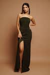 Ahi Clothing_Green Imported Luxury Crepe Plain Straight Corset Yoke Slit Dress _Online_at_Aza_Fashions