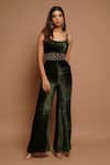 Ahi Clothing_Green Velvet Hand Embroidered Sequin Round Neck Placement Flared Jumpsuit _at_Aza_Fashions