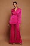 Buy_Ahi Clothing_Pink Royal Satin Plain Notched Lapel Collar Pleated Draped Blazer And Pant Set _at_Aza_Fashions