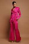 Ahi Clothing_Pink Royal Satin Plain Notched Lapel Collar Pleated Draped Blazer And Pant Set _Online_at_Aza_Fashions