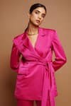 Buy_Ahi Clothing_Pink Royal Satin Plain Notched Lapel Collar Pleated Draped Blazer And Pant Set _Online_at_Aza_Fashions