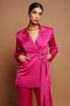 Shop_Ahi Clothing_Pink Royal Satin Plain Notched Lapel Collar Pleated Draped Blazer And Pant Set _Online_at_Aza_Fashions