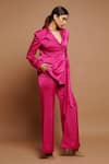 Ahi Clothing_Pink Royal Satin Plain Notched Lapel Collar Pleated Draped Blazer And Pant Set _at_Aza_Fashions