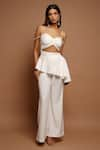 Ahi Clothing_White Imported Luxury Crepe Embellished Pearl Work Ruched Peplum Top And Pant Set _Online_at_Aza_Fashions