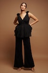 Buy_Ahi Clothing_Black Organza Embellished Floral Applique Work Pleated Peplum Top And Pant Set_at_Aza_Fashions