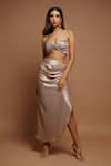 Shop_Ahi Clothing_Gold Shimmer Lycra Plain Asymmetric Neck Metallic Draped Top And Skirt Set _Online_at_Aza_Fashions