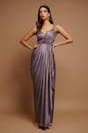 Buy_Ahi Clothing_Purple Shimmer Lycra Plain Plunged V Neck Metallic Pleated Draped Dress_at_Aza_Fashions