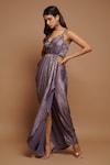 Ahi Clothing_Purple Shimmer Lycra Plain Plunged V Neck Metallic Pleated Draped Dress_Online_at_Aza_Fashions