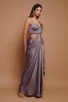 Shop_Ahi Clothing_Purple Shimmer Lycra Plain Plunged V Neck Metallic Pleated Draped Dress_Online_at_Aza_Fashions