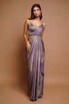 Ahi Clothing_Purple Shimmer Lycra Plain Plunged V Neck Metallic Pleated Draped Dress_at_Aza_Fashions