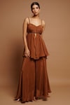 Buy_Ahi Clothing_Brown Heavy Crepe Plain Sweetheart Neck Flared Peplum Top And Pant Set_at_Aza_Fashions