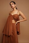 Shop_Ahi Clothing_Brown Heavy Crepe Plain Sweetheart Neck Flared Peplum Top And Pant Set _Online_at_Aza_Fashions