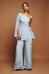 Buy_Ahi Clothing_Blue Heavy Crepe Hand Embroidered Zardozi Work One Peplum Top And Pant Set _at_Aza_Fashions