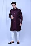 Buy_Aryavir Malhotra_Wine Sherwani And Jacket Terry Rayon Textured Floral Print Set _at_Aza_Fashions