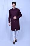 Aryavir Malhotra_Wine Sherwani And Jacket Terry Rayon Textured Floral Print Set _at_Aza_Fashions