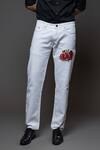 Shop Rohit Bal Off White Denim Embroidery Pomegranate Placement Jeans at Aza Fashions Shop_Rohit Bal_Off White Denim Embroidery Pomegranate Placement Jeans _at_Aza_Fashions