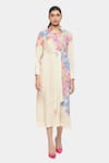 Buy_Satya Paul_Cream Linen Printed Flowers Spread Collar Shine On Dress _at_Aza_Fashions