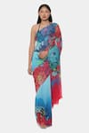 Buy_Satya Paul_Blue Georgette Printed Psychedelic And Floral Haiku Saree With Running Blouse _at_Aza_Fashions