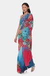 Satya Paul_Blue Georgette Printed Psychedelic And Floral Haiku Saree With Running Blouse _Online_at_Aza_Fashions