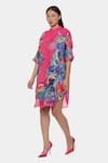 Satya Paul_Pink Linen Printed Psychedelic Floral Band Collar Happy Friday Tunic _Online_at_Aza_Fashions