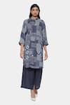 Buy_Satya Paul_Blue Linen Printed Boro And Thread Work Band Collar Kurta & Pant Set _at_Aza_Fashions