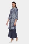 Satya Paul_Blue Linen Printed Boro And Thread Work Band Collar Kurta & Pant Set _Online_at_Aza_Fashions