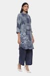 Buy_Satya Paul_Blue Linen Printed Boro And Thread Work Band Collar Kurta & Pant Set _Online_at_Aza_Fashions