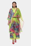 Buy_Satya Paul_Green Linen Printed Psychedelic Tattoo V Collar Love Kurta Palazzo Set _at_Aza_Fashions