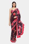 Buy_Satya Paul_Wine Crepe Print Floral Scarlet Minuet Saree With Running Blouse _at_Aza_Fashions