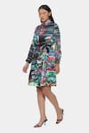 Satya Paul_Green Satin Print Floral Collared Neck Illusion Dress _Online_at_Aza_Fashions